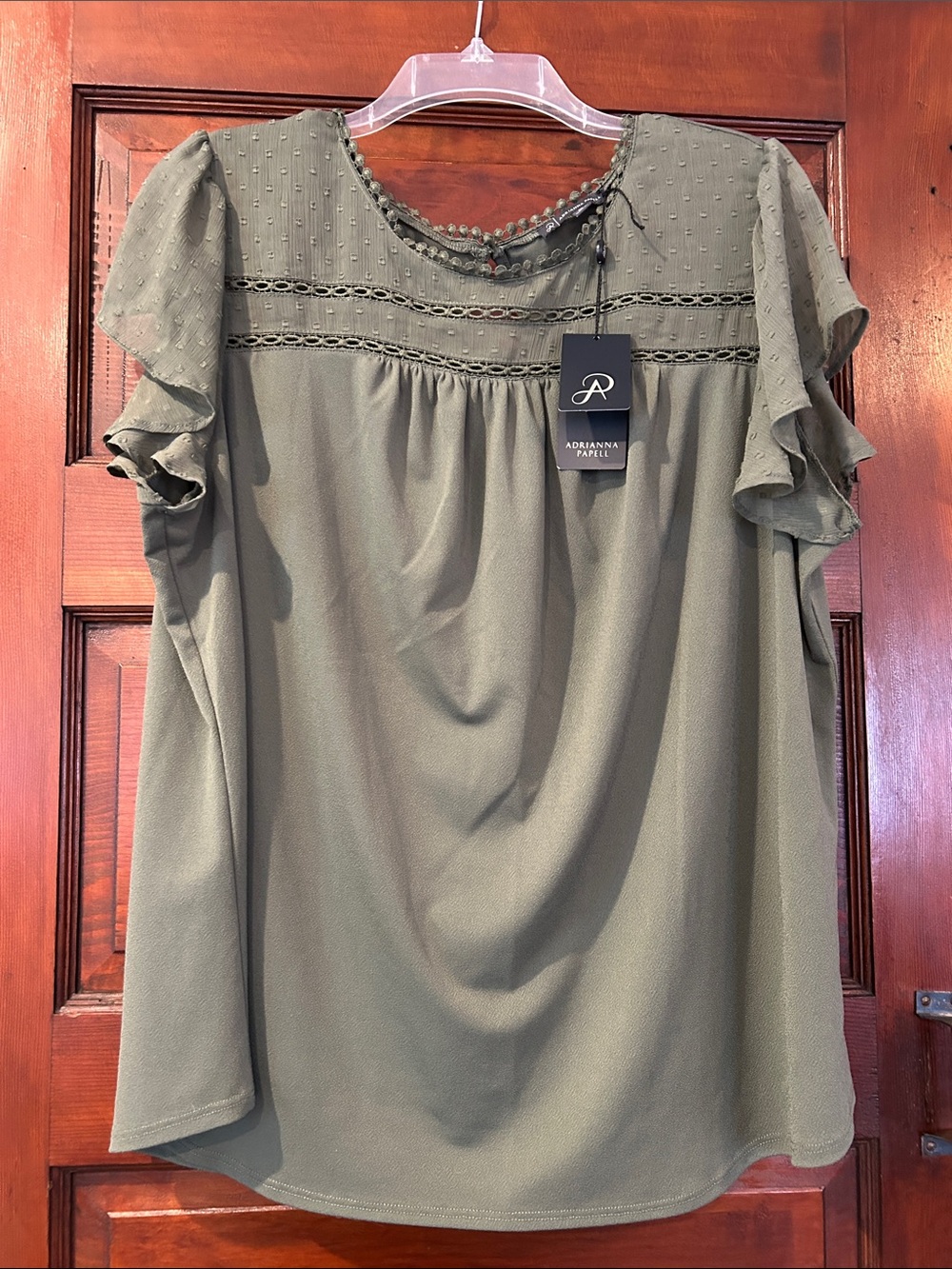 Adrianna Papell Olive Flutter-Sleeve Yoke Blouse 2X NWT